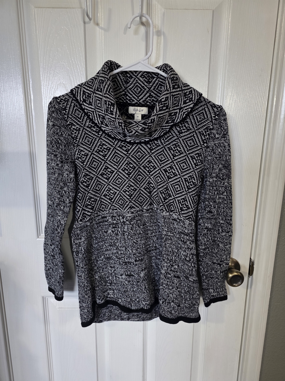 Style & Co. Black and White Diamond-Pattern Cowl Neck Sweater